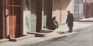 Eastern European or Russian School â€“ Urban Scene with Figures, oil on canvas, indistinctly signed, 25cm x 50cm, within a gilt frame.