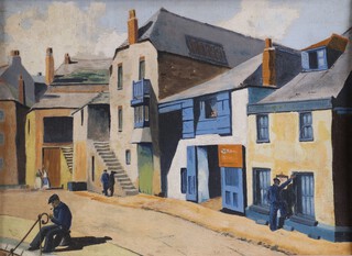 After Herbert Truman, Quayside St Ives, oil on canvas, 26cm x 36cm, within a painted wood and hessian frame.
