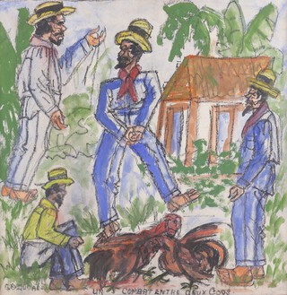 Gervais Emmanuel Ducasse (Haitian, 1903-1988), "Un Combat Entre Deux Cogs", watercolour with pastel and acrylic, signed and titled, 60cm x 59cm, within a stained wood frame.	