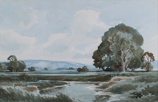 Edwin Lawson James Harris (British, 1891-1961), Sussex Landscape, probably near Amberley, watercolour, 30cm x 47cm, within a gilt frame.	