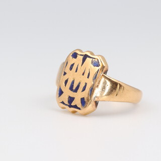 A yellow gold, testing as 18ct enamelled signet ring, engraved with a monogram and "Pink" size G, 6.5 grams 