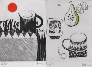 **Mary Fedden (British, 1915-2012) "Stone, Jug and Red Sun" and "Cup and Pear", a pair of etchings with aquatint and hand-colouring, both signed and editioned 52/100 in pencil, each 17cm x 13cm, both within painted composition frames **Please note that Artist's Resale Rights may be payable on this lot