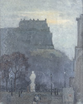 British School, J.B.P. Edinburgh Street Scene with the Castle at Dusk, early 20th century oil on canvas, signed with initials, 30cm x 24cm, within a gilt frame
