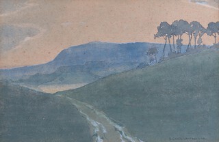 Edward Canning-Freeman (British, 1910-1961), Mountainous Landscape with Trees, 20th century watercolour with ink, signed, 18cm x 27cm, within a wood mount and painted frame.	