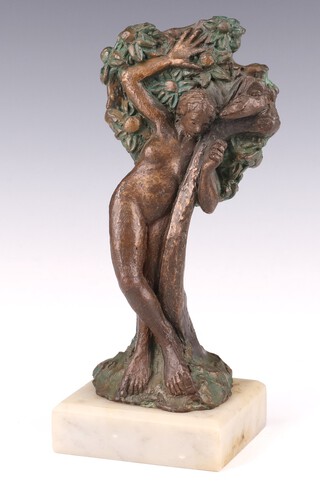 Laurence Tindall, (British), "Temptation of Eve", a patinated and painted bronze figure on a white marble plinth 24.5cm h