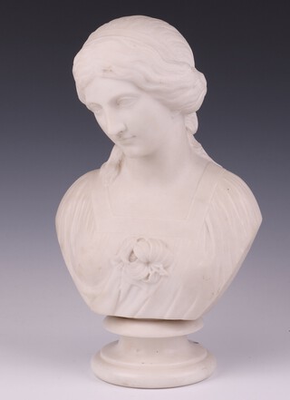 Robert Physick (British 1815/16-1882) carved white marble bust of a lady on a round base, inscribed Robt Physick Sculpt 1868, 36cm
