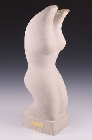 Joy Worle (British 20th/21st century, a Portland stone carving of a naked lady "Woman Kneeling" bearing a brass plaque 63cm