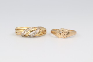 A 14ct yellow gold dress ring set with diamond chips, approx. 0.01ct, size F, 1.4 grams and a 9ct yellow gold signet ring size D 1/2, 1 gram