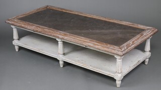 A 20th Century rectangular limed oak 2 tier coffee table with black veined marble top and grey painted undertier, raised on 6 fluted supports 46cm h x 172cm w x 80cm d 