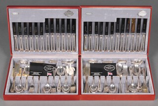 Two canteens of Cooper Ludlam beadwork silver plated flatware, contained in teak canteen boxes