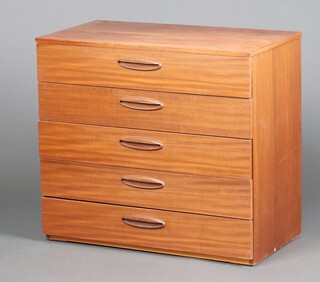 A mid-century woodgrain effect laminate chest of 5 drawers with counter sunk handles 68cm h x 76cm w x 40cm d 