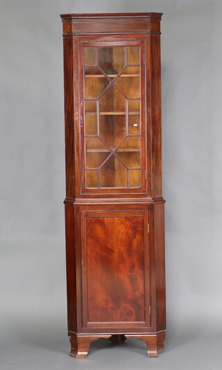 A 19th Century mahogany double corner cabinet, fitted shelves enclosed by glazed panelled doors, the base enclosed by  panelled doors 202cm h x 60cm 2 x 42cm d 