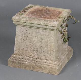 A well weathered square concrete garden  plinth 31cm h x 29cm 