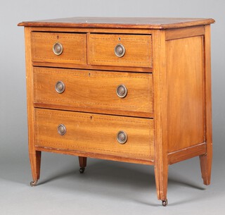 An Edwardian inlaid mahogany chest of 2 short and 3 long drawers, raised on square tapered supports 85cm h x 91cm w x 45cm d (ring, water and contact marks in places) 