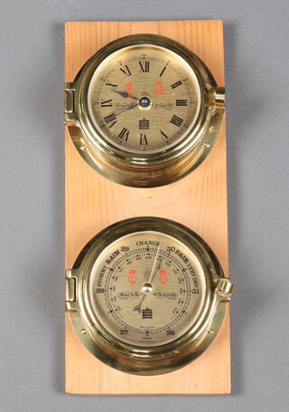 A modern gilt cased clock and matching barometer mounted on a wooden board 