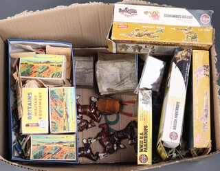 A Charbens tip cart together with a farm wagon, two hand carts and a group of lead soldiers, Airfix plastic soldiers and other figures