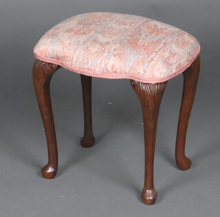 A Queen Anne style shaped mahogany stool with upholstered seat, raised on cabriole supports 42cm h x 42cm w x 36cm d