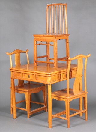 A Chinese light hardwood dining suite comprising square dining table fitted 4 frieze drawers, raised on turned supports 87cm h x 88cm together with 2 similar bar back chairs and a stick and bar back chair 