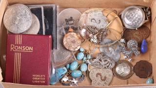 A small quantity of costume jewellery, coins and a Ronson lighter