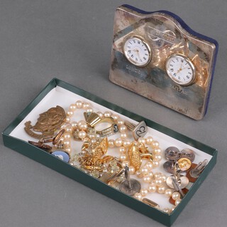 A silver cased double timepiece and other items of vintage costume jewellery 