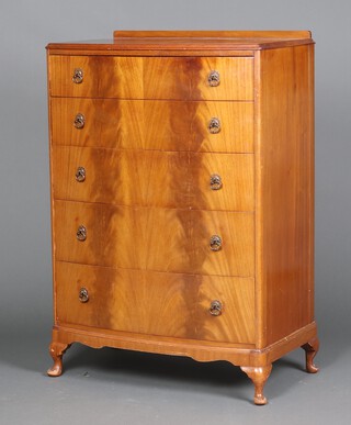 A mahogany bow front chest of 5 drawers, raised on cabriole supports 122cm h x 84cm w x 49cm d 