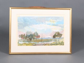 20th Century watercolour, indistinctly signed, dated 1973, extensive country landscape 27cm x 43cm 