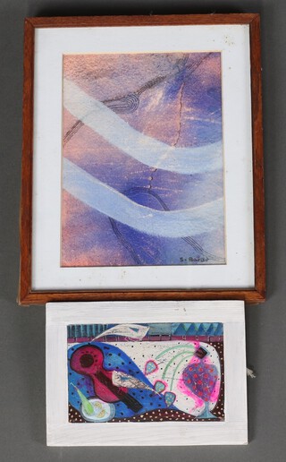 Jane Arkwright, acrylic signed, cubist still life 13cm x 17.5cm and Sue Baker mixed media signed "Strata of Memory" 20cm x 14cm 