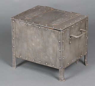 A riveted metal coal box with hinged lid and handles 37cm h x 42cm w x 32cm d 