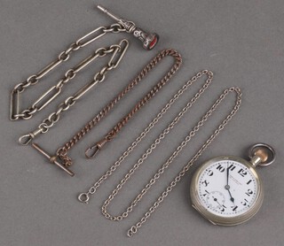 A white metal Albert and seal, one other white metal Albert, a pocket watch and a chain