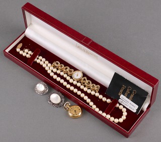 A strand of cultured pearls with a 9ct yellow gold clasp 44cm and and other items of costume jewellery 
