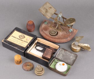 A Webley sports starting pistol, boxed, a set of brass letter scales and weights, etc