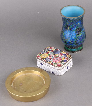 A blue and green ground cloisonne vase, a white ground cloisonne box and a brass weight