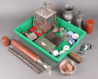 A 1918 Eveready torch in leather case, a brass spirit level, a copper and glass light shade, a horse head mascot, other items