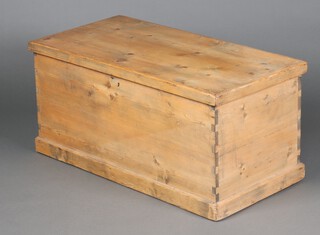 A pine trunk with hinged lid on a platform base 44cm h x 94cm w x 48cm d 