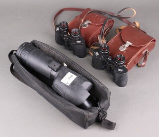 Two pairs of leather cased Zeiss Jenner binoculars together with an Optus bird watching telescope with bag and tripod 
