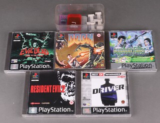 A collection of Play Station One games to include Driver, Evil Dead, Doom, Resident Evil 2 and Syphon Filter 2, together with a collection of memory cards 
