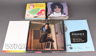 A collection of vinyl album LP's and 45rpm records to include Footloose, Wham, Bruce Springsteen, some classical "Issay Dobrowen and Dante's Divine Comedy", China Night and a collection of Japanese import folk song records 