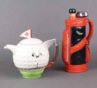 A Tony Wood studio novelty teapot in the form of a golf ball and a Harveys of Bristol bottle in the form of a golf bag