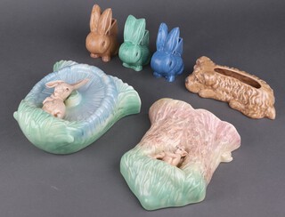 Two Sylvac wall pockets, 3 Sylvac bunny match holders and a Sylvac dog flower holder