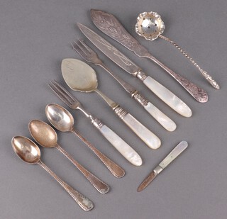 A silver and mother of pearl handled fruit knife and a small quantity of silver plated cutlery