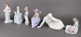 A Lladro gres figure of a reeling lady, five other various Lladro figures (five have signatures to the bases)