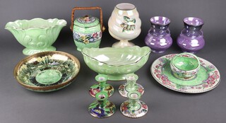 A Maling biscuit barrel, vases, candlesticks and other items of Maling