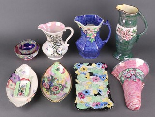 Three making pottery jugs, a Maling wall pocket and various other items of Maling