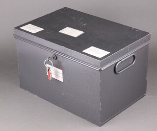 A metal strong/deed box (with key) in hammered metal grey finish 26cm h x 41cm w x 28cm d 