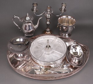 A large silver plated tray together with a coffee pot, candlesticks, gravy boats, serving implements, Kings pattern cutlery, wine cooler, etc