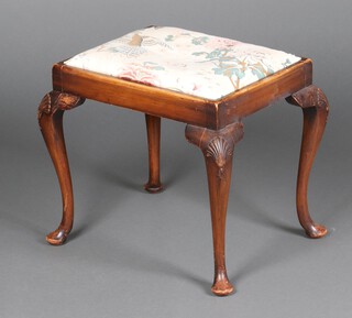 A Queen Anne style carved beech dressing table stool on cabriole supports 46cm h x 50cm w x 41cm d 