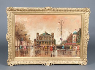 A Pearce?, contemporary oil on canvas, Paris street scene, 49cm x 89cm, contained in a composition gilt frame 