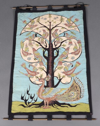An embroidered wall hanging decorated birds of paradise around a tree 82cm x 56cm 