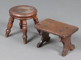 A rectangular elm stool on turned supports 15cm h x 35cm x 17cm and a circular ditto 20cm x 19cm 
