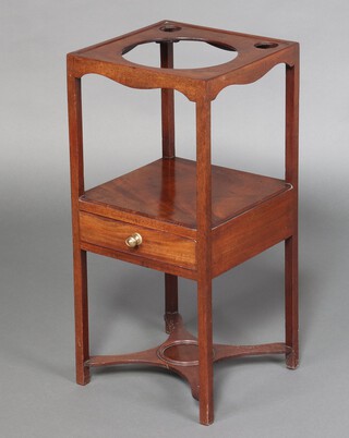 A Georgian mahogany square night table, the top fitted 3 bowl recesses above a drawer, raised on an X framed stretcher 73cm h x 34cm  (reduced in height) 